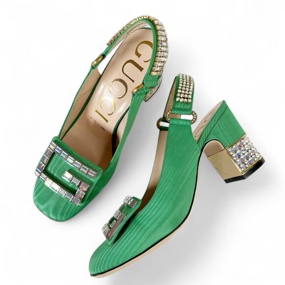 GUCCI Madelyn Crystal Square G Embellished Silk Satin Slingback Heels - Picture 1 of 11